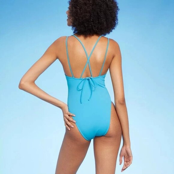 Shade & Shore Blue Plunge Front Dual Strap Cheeky 1 Pc Swimsuit -- Size XS 0-2 - Picture 2 of 5